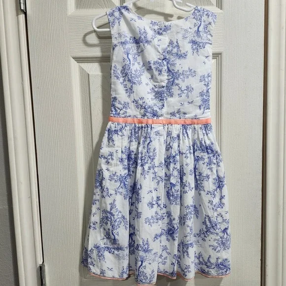 Carter's Girls 6X Blue Toile Print Dress Coral Ribbon Bow Sleeveless Cotton - Picture 5 of 9